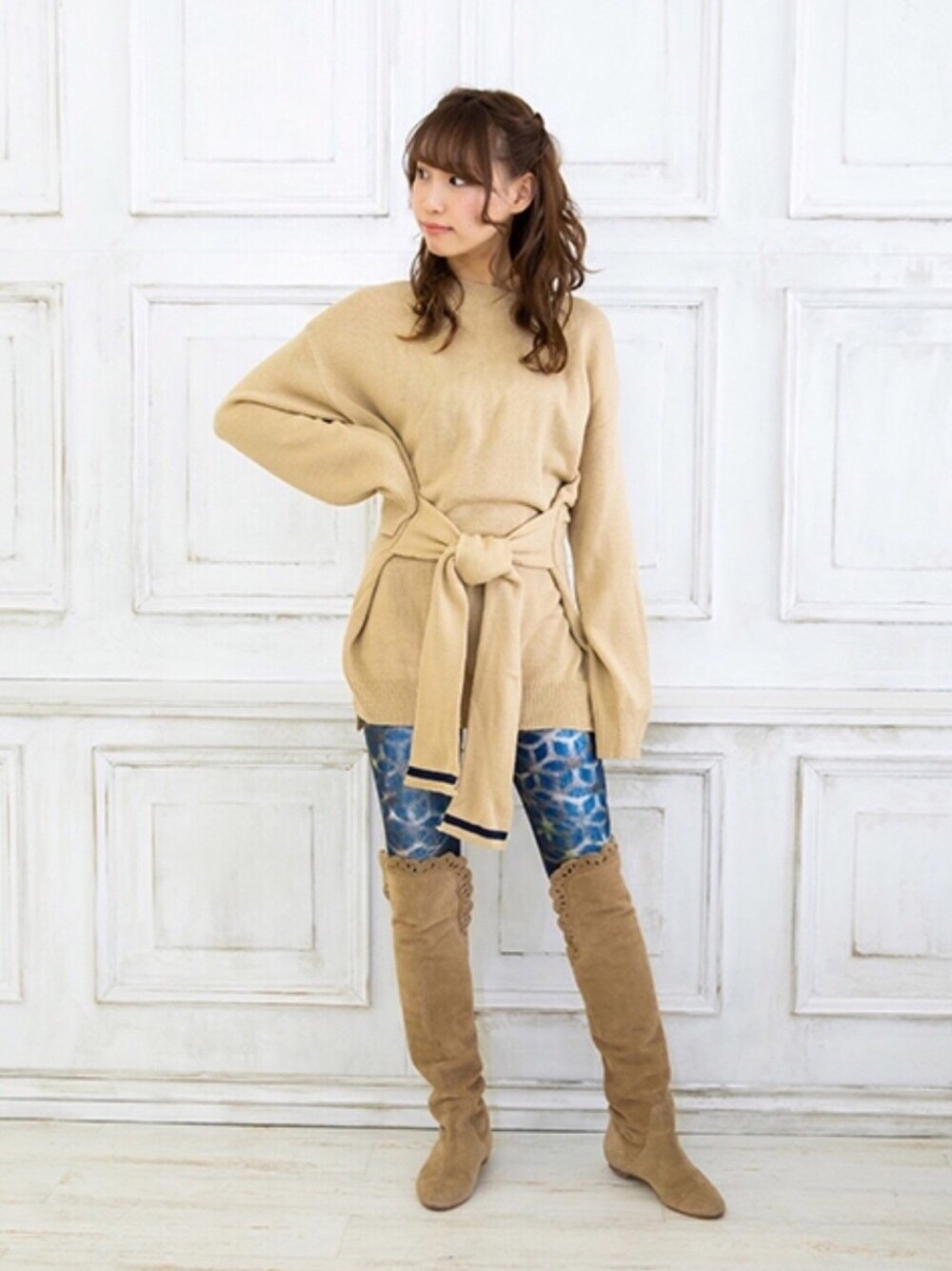 「リボンニット、ニット、ゆるニット、シンプル、韓国ファッション、プチプラ、ベージュコーデ、ママコーデ、ラクチンコーデ、休日コーデ」｜「ベージュ♡のリボンニット（ニット/セーター、ベージュ系）」を使った、SCRUMさん（レディース・161cm）の冬コーディネートの1枚目の写真