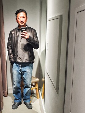 「アイテム（ライダースジャケット）」を使った、t頭さん（メンズ・171cm・40代）の春コーディネート