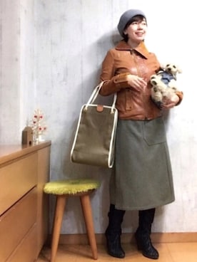 「ベレー帽推奨委員会」｜「アイテム（ライダースジャケット）」を使った、chaco♪さん（レディース・157cm）の冬コーディネート