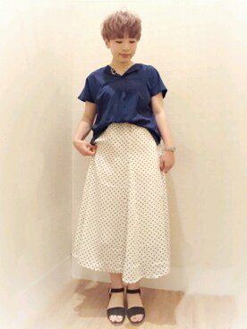 「ドット柄スカート」｜「アイテム（サンダル）」を使った、immisaさん（レディース・154cm）の春コーディネート