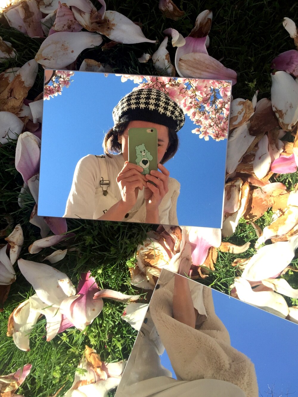 「Cute、sakura、flower、spring、springstyle、NYC、chic、girl、girly、ootd」｜「carebearのアイテム（スマホグッズ、グリーン系）」を使った、Arieoさん（レディース・168cm）の春コーディネートの1枚目の写真