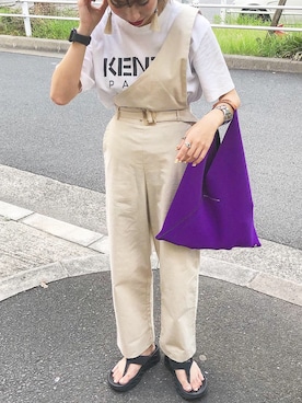 「アイテム（つなぎ/オールインワン、ベージュ系）」を使った、kaakoさん（レディース・150cm）の夏コーディネート