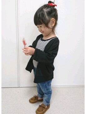 「CIAOPANIC TYPY（チャオパニックティピー）の【ママとお揃い】2WAYボリュームカーデ（カーディガン/ボレロ）」を使った、nanasaberさん（キッズ・90cm）の秋コーディネート