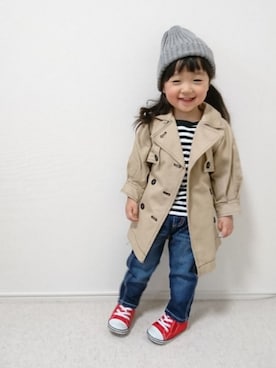 「petit main（プティマイン）のアイテム（トレンチコート）」を使った、nanasaberさん（キッズ・90cm）の冬コーディネート