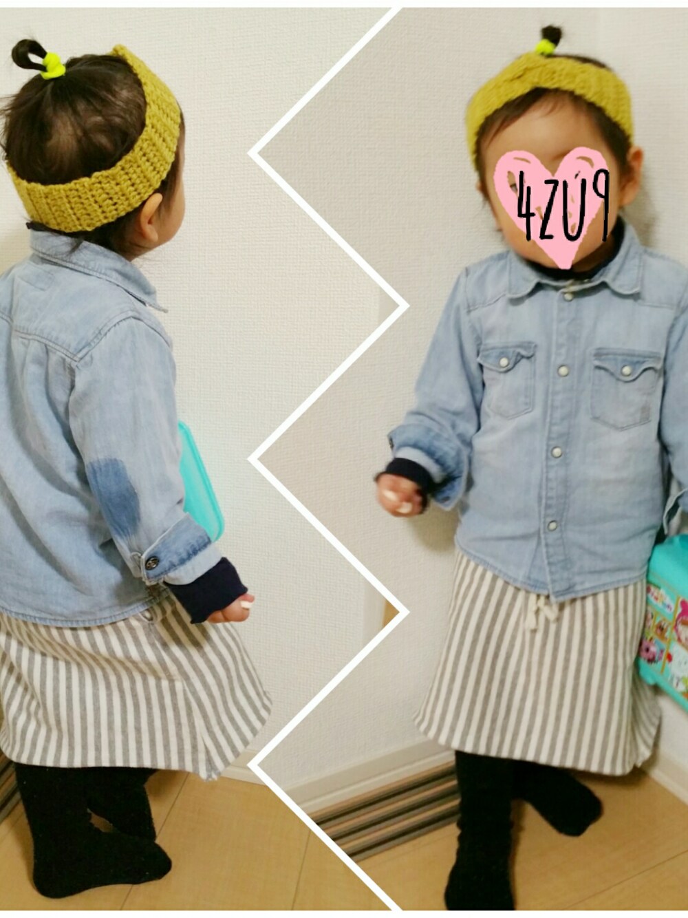 「ハンドメイド、プチプラ、シンプルコーデ、1歳9ヶ月、アンパンマンもファッションのひとつ」｜「4zu9 handmadeのアイテム（ヘアバンド、イエロー系）」を使った、4zu9さん（キッズ・80cm）の春コーディネートの1枚目の写真