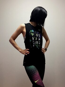 「NERGY（ナージー）の【Nike】DRI-FIT SOLSTICE tank （タンクトップ、ブラック系）」を使った、misatoさん（レディース・156cm）の夏コーディネート