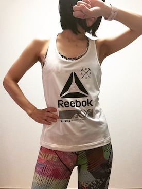 「Reebok（リーボック）の【2017春夏】ヒーローガーデンレーベルブラ Reebok (リーボック) （タンクトップ、オレンジ系）」を使った、misatoさん（レディース・156cm）の夏コーディネート
