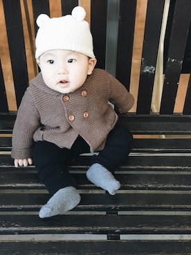 「0歳6ヶ月」｜「アイテム（ニットキャップ/ビーニー）」を使った、Ricky**さん（キッズ・70cm）の秋コーディネート