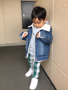 「西松屋（ニシマツヤ）のアイテム（パーカー）」を使った、はるさん（キッズ・80cm）の冬コーディネート