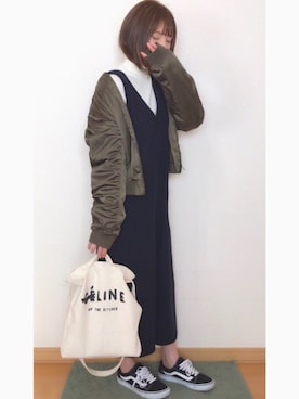 「ハイネックニット」｜「アイテム（MA-1）」を使った、ａｏｉさん（レディース・161cm）の冬コーディネート