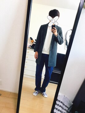 「EDWIN」｜「アイテム（チェスターコート）」を使った、ariさん（メンズ・183cm）の冬コーディネート