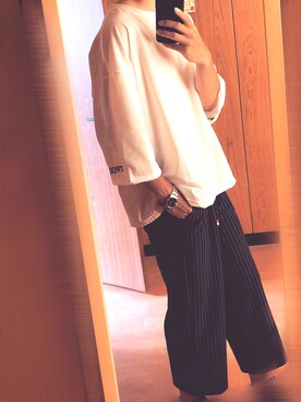 「FOMANSHのアイテム（パンツ、ブラック系）」を使った、kepeさん（メンズ・169cm）の夏コーディネート