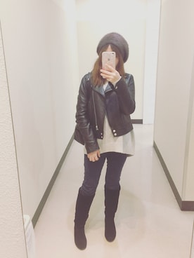 「one after another NICE CLAUP（ワンアフターアナザーナイスクラップ）のアイテム（ライダースジャケット）」を使った、pinxkoさん（レディース・153cm）の冬コーディネート