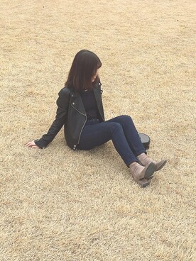 「one after another NICE CLAUP（ワンアフターアナザーナイスクラップ）のアイテム（ライダースジャケット）」を使った、pinxkoさん（レディース・153cm）の冬コーディネート