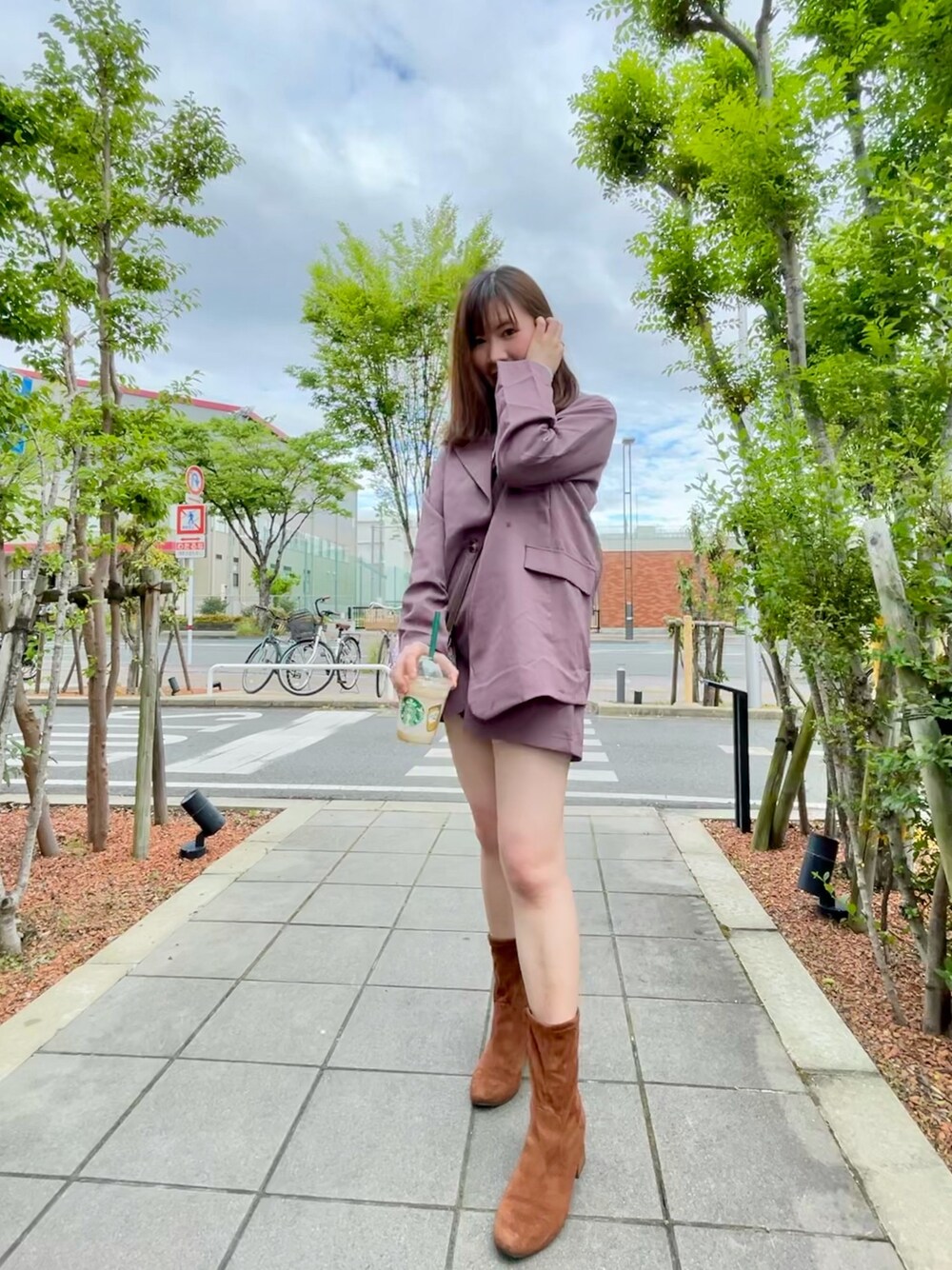 「GRL、グレイル、セットアップ、GU」｜「GRLのアイテム（ジャケット/アウター、パープル系）」を使った、pinxkoさん（レディース・152cm）の春コーディネートの1枚目の写真