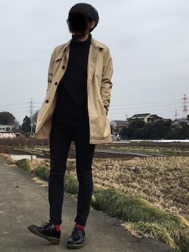 「靴下チラ見せ」｜「アイテム（ステンカラーコート）」を使った、たけちゃんさん（メンズ・171cm）の冬コーディネート