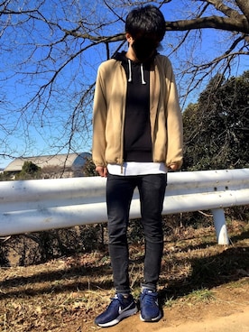 「ナイキ」｜「アイテム（ノーカラージャケット）」を使った、たけちゃんさん（メンズ・171cm）の冬コーディネート