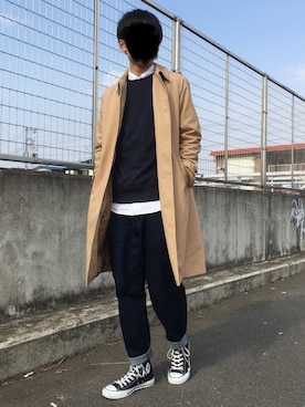 「無印良品（ムジルシリョウヒン）のアイテム（ステンカラーコート）」を使った、たけちゃんさん（メンズ・171cm）の春コーディネート