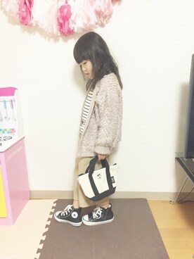 「CIAOPANIC TYPY（チャオパニックティピー）の【親子お揃い】ループクルーカーディガン（ニット/セーター、ピンク系）」を使った、miii☺︎さん（キッズ・100cm）の冬コーディネート
