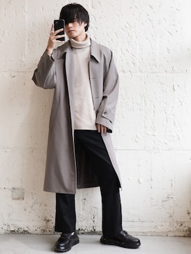 「LIDNM（リドム）のアイテム（ステンカラーコート）」を使った、やそさん（メンズ・181cm）の冬コーディネート