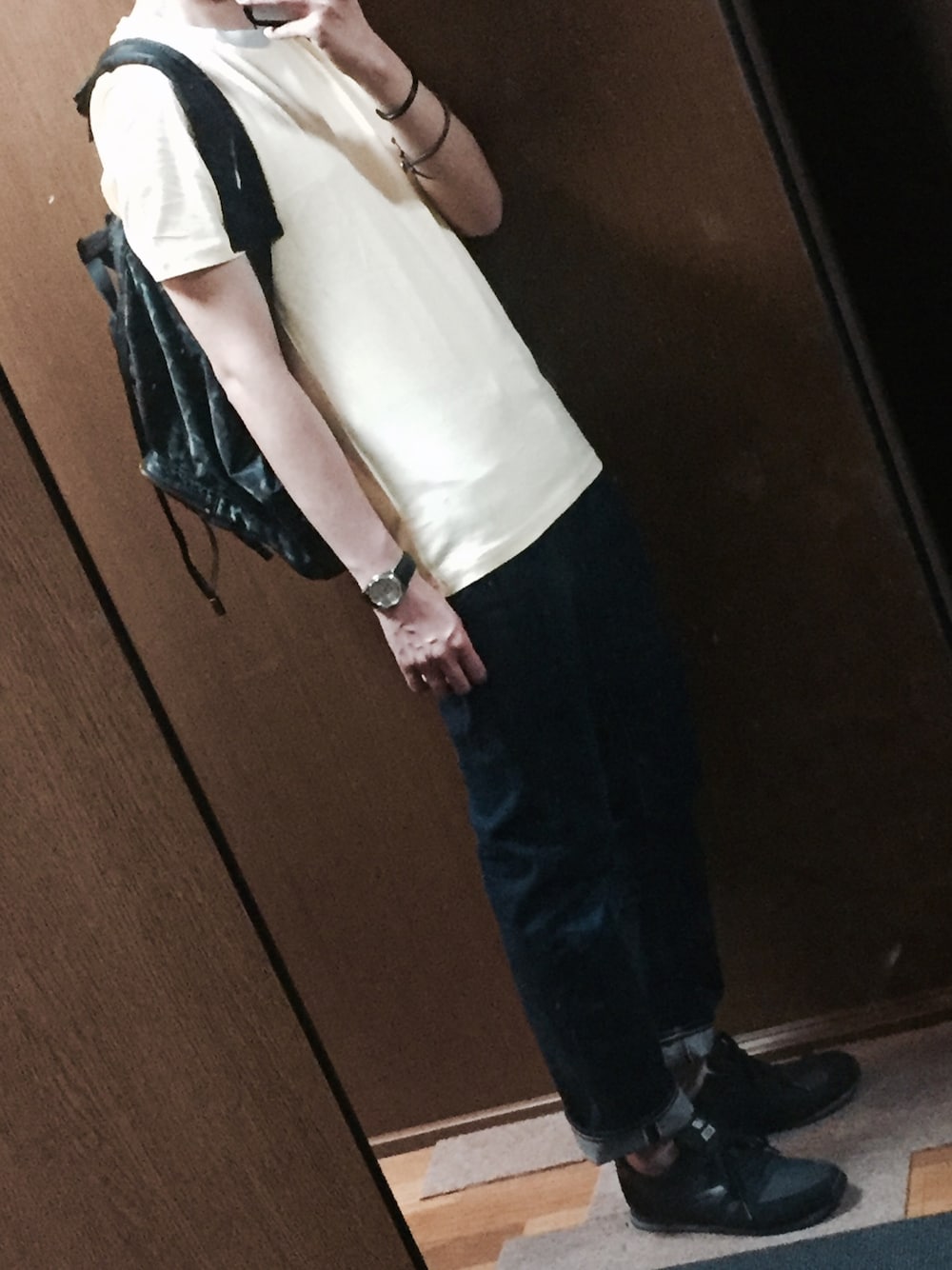 「シンプルコーデ、休日スタイル、ロールアップ、ラップブレスレット」｜「MARTIN MARGIELAのアイテム（Tシャツ/カットソー、その他）」を使った、みっくんさん（メンズ・167cm）の夏コーディネートの1枚目の写真