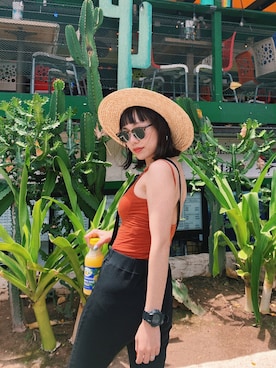 「hawaii」｜「アイテム（帽子）」を使った、sayocoさん（レディース・155cm）の夏コーディネート