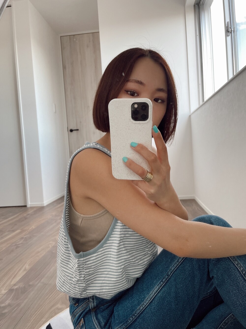 「オトナカジュアル、ボーダートップス、タンクトップ、デニムパンツ、UNIQLO、banks、searoomlynn」｜「BANKSのASI0022（タンクトップ、ブルー系）」を使った、sayocoさん（レディース・154cm）の春コーディネートの1枚目の写真
