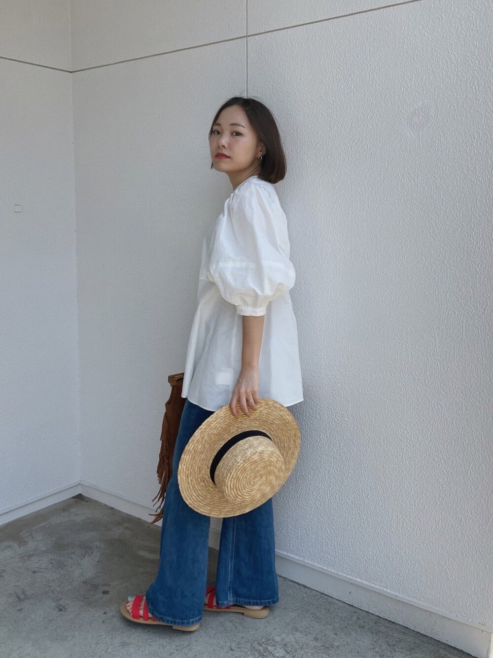 「crocs、クロックス、クロックスサンダル、サンダルコーデ、サンダル、夏コーデ、休日スタイル、これが私をアゲる服、Rougevif、jouetie」｜「Rouge vifの綿麻パフスリーブブラウス（シャツ/ブラウス、ホワイト系）」を使った、sayocoさん（レディース・154cm）の春コーディネートの1枚目の写真