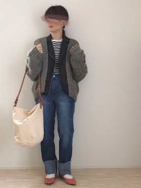 「ニットカーディガン」｜「アイテム（ライダースジャケット）」を使った、haさん（レディース・152cm）の春コーディネート