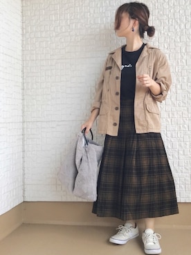 「ブラウン×ブラック」｜「アイテム（ミリタリージャケット）」を使った、haさん（レディース・152cm）の秋コーディネート