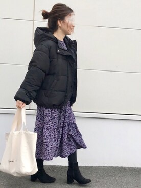 「パープル×黒」｜「アイテム（トートバッグ）」を使った、haさん（レディース・152cm）の冬コーディネート
