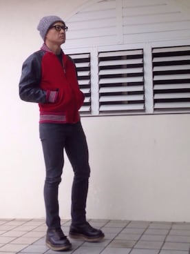 「ニットキャップ」｜「アイテム（スタジャン）」を使った、ORTHさん（メンズ・170cm）の秋コーディネート