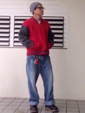 「カウチンセーター」｜「アイテム（ニットキャップ/ビーニー）」を使った、ORTHさん（メンズ・170cm）の冬コーディネート