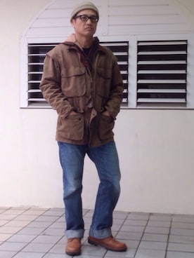 「ハンティングジャケット」｜「アイテム（ニットキャップ/ビーニー）」を使った、ORTHさん（メンズ・170cm）の冬コーディネート