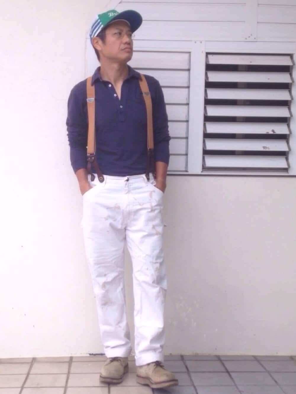 「brixton、メッシュキャップ、ワークスタイル、サスペンダー、stronghold、ディッキーズ(Dickies)、Dickies、ペインターパンツ、viberg、アメアパ」｜「BRIXTONのBRIXTON 'Pilsner'（キャップ、グリーン系）」を使った、ORTHさん（メンズ・170cm）の夏コーディネートの1枚目の写真