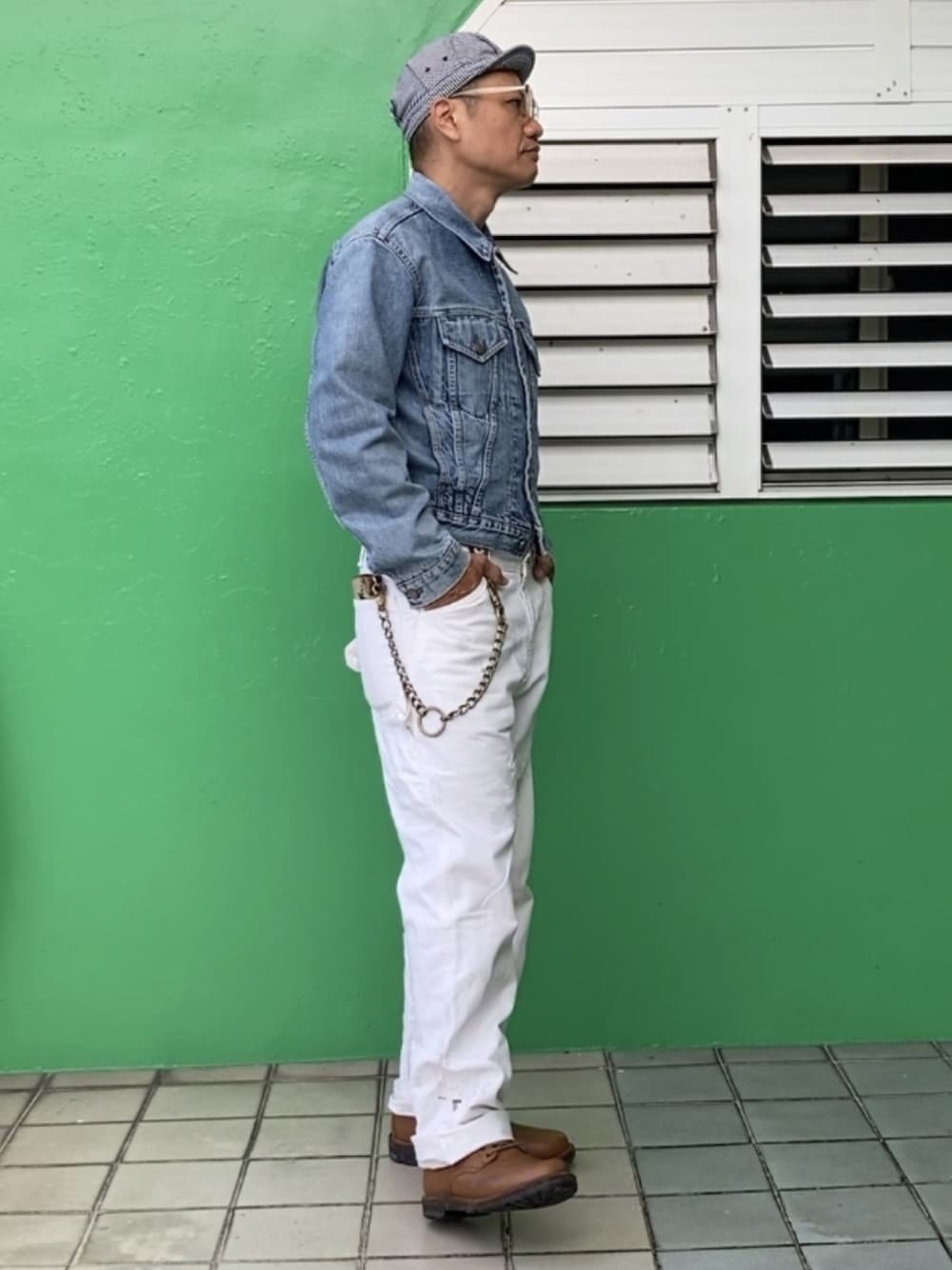 「ヒッコリー、ワークキャップ、new york hat、デニムジャケット、Gジャン、ストーンウォッシュ、ディッキーズ(Dickies)、ペインターパンツ、Dickies、ワークブーツ」｜「NEW YORK HATのNEW YORK HAT　“6254”（キャップ、ブルー系）」を使った、ORTHさん（メンズ・170cm）の夏コーディネートの1枚目の写真