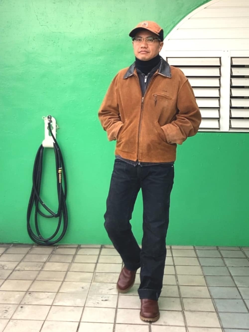 「carhartt、SCHOTT、WESCO、カーハート、ショット、ワーク、スエード、IRON HEART、brixton」｜「Carharttのアイテム（キャップ、ブラウン系）」を使った、ORTHさん（メンズ・170cm）の春コーディネートの1枚目の写真