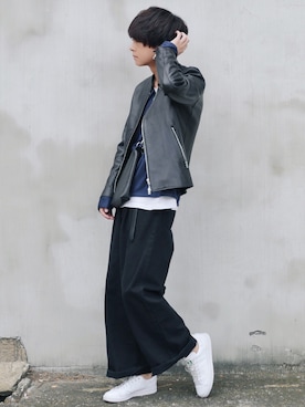 「シンプルおしゃれが好き」｜「アイテム（ライダースジャケット）」を使った、げんじ 2さん（メンズ・175cm）の秋コーディネート