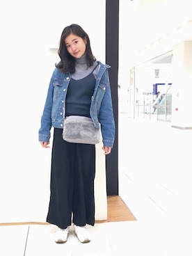 「ニットキャミソール」｜「アイテム（デニムジャケット）」を使った、kiki*さん（レディース・158cm）の冬コーディネート