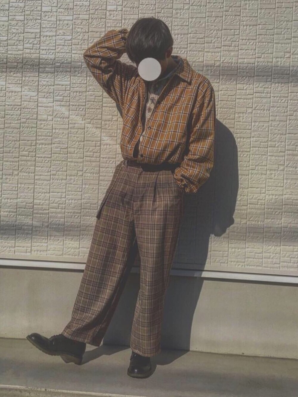 「ootd、今日のコーデ、ワイドパンツ、チェック、高校生、outfit、おしゃれさんと繋がりたい、お洒落さんとつながりたい、instagram」｜「WEGOのWEGO/ベルト付きチェックワイド起毛スラックス（スラックス、ブラウン系）」を使った、り ゅ う せ いさん（メンズ・179cm）の冬コーディネートの1枚目の写真