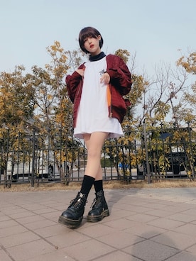 「アイテム（ミリタリージャケット、レッド系）」を使った、城戸さくら(さくさん)さん（レディース・158cm）の冬コーディネート