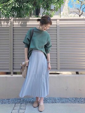 「Chaco closet（チャコ クローゼット）のアソートプリーツ Aラインウエストゴムロングスカート[チェック 小花柄 ダルメシアン コーデュロイ サテン シアー 無地]（スカート）」を使った、syk***さん（レディース・158cm）の春コーディネート