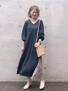 「Roomy's（ルーミーズ）のサイドプリーツロングスリーブカットワンピース（ワンピース、ブラウン系）」を使った、syk***さん（レディース・158cm）の秋コーディネート