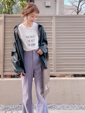 「bohmal（ボマール）のエコレザーオーバーサイズシャツジャケット（ライダースジャケット、ブラック系）」を使った、syk***さん（レディース・158cm）の春コーディネート