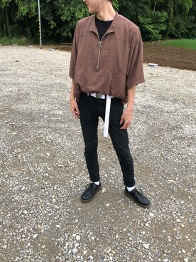 「HARE（ハレ）のグレンチェックハーフZIPプルオーバー(HARE)（衬衫、ブラウン系）」を使った、nikaさん（メンズ・177cm）の夏コーディネート
