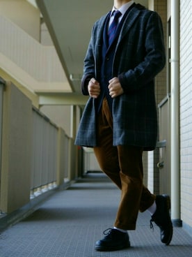 「SEVENDAYS=SUNDAY（セブンデイズサンデイ）のアイテム（チェスターコート）」を使った、だるまさん（メンズ・160cm）の冬コーディネート