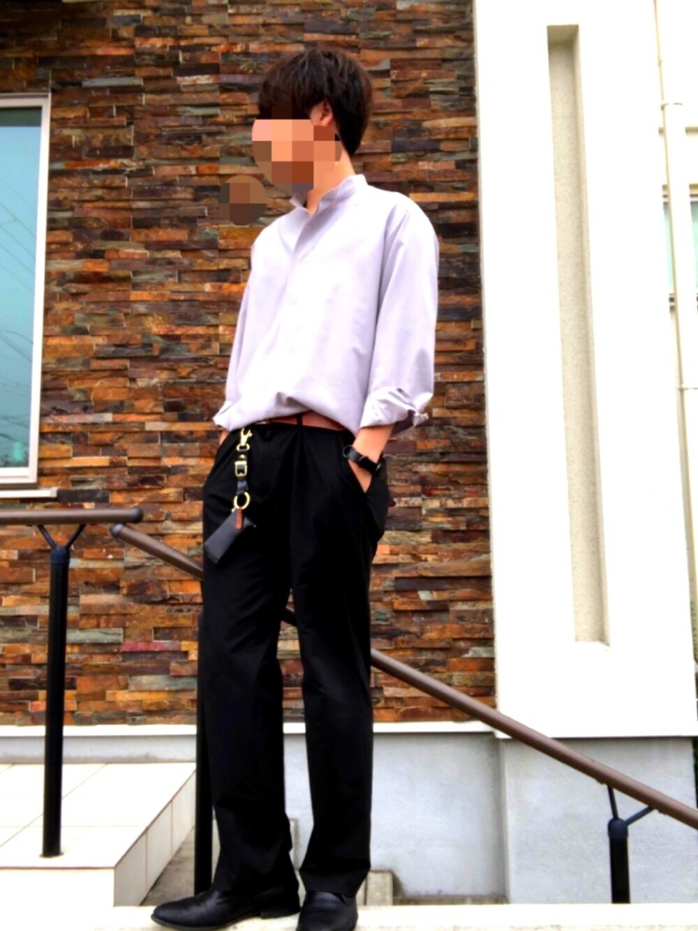 「古着、バンドカラー、LAD MUSICIAN、IL BISONTE、スラックス、シャツ、春コーデ、タックイン、大学生、ノーカラーシャツ」｜「古着のアイテム（シャツ/ブラウス、シルバー系）」を使った、Yuupagneさん（メンズ・184cm）の春コーディネートの1枚目の写真