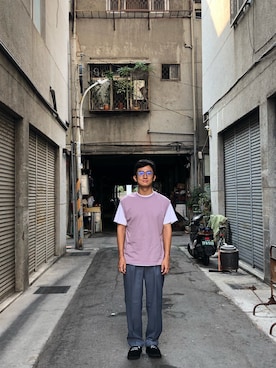 「plain-me（プレインミー）のアイテム（ベスト）」を使った、EvanChenさん（メンズ・172cm）の秋コーディネート