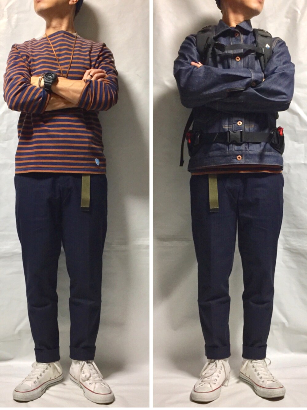 「デニムジャケット、GLOBAL WORK、バスクシャツ、orcival、クロップドパンツ、UNIQLO、ハイカットスニーカー、converse、バックパック、mont-bell」｜「ORCIVALのORCIVAL ♯B211 バスクシャツ　（Tシャツ/カットソー、ブラウン系）」を使った、KADOさん（メンズ・163cm）の秋コーディネートの1枚目の写真