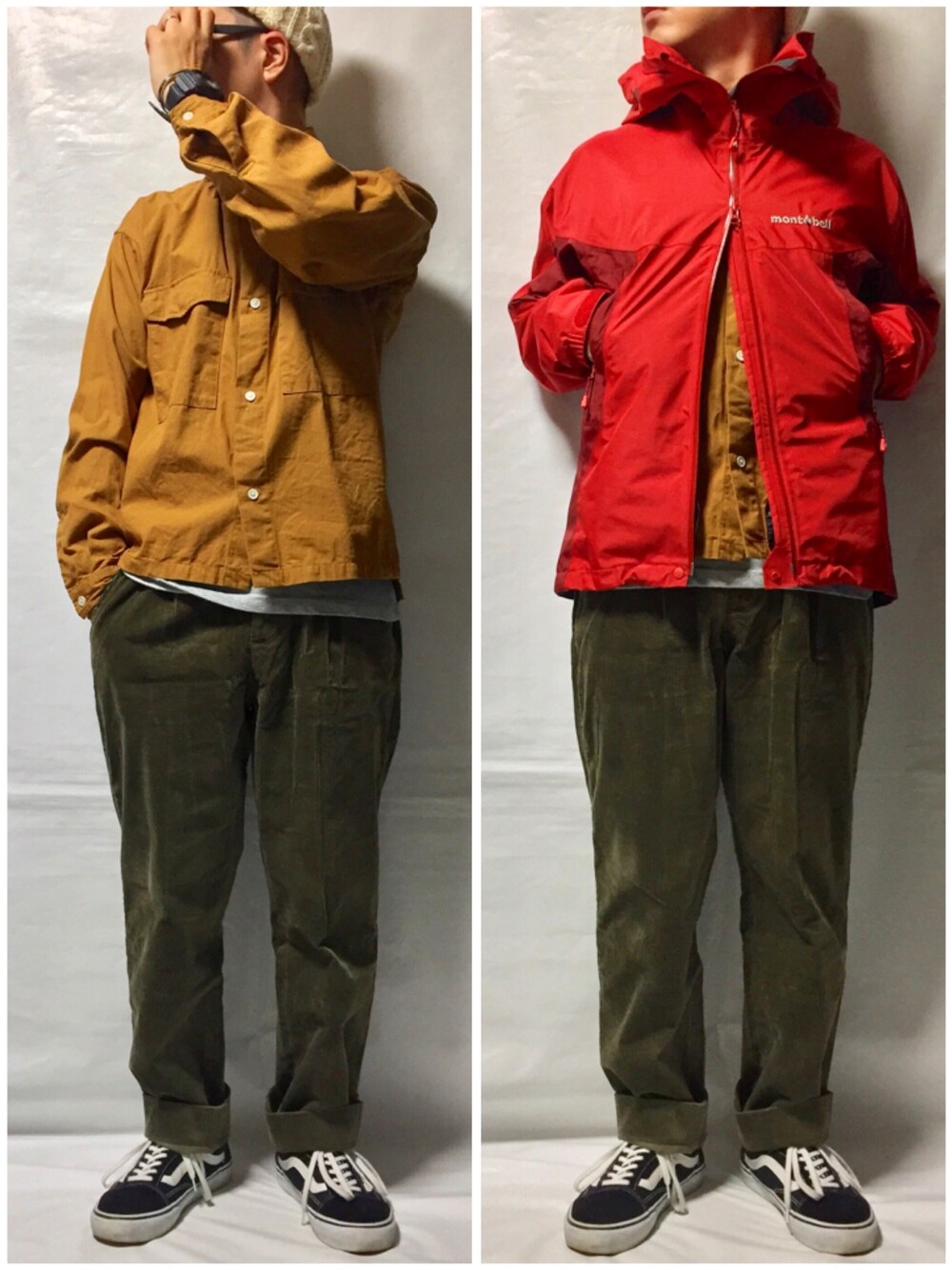「ニット帽、HIGHLAND 2000、マウンテンパーカー、mont-bell、ダンガリーシャツ、GLOBAL WORK、ワイドパンツ、コーデュロイパンツ、VANS、オールドスクール」｜「mont-bellのアイテム（マウンテンパーカー、レッド系）」を使った、KADOさん（メンズ・163cm）の秋コーディネートの1枚目の写真
